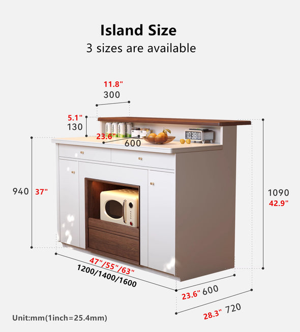Space-Saving Extendable Kitchen Island Table with Large Storage Cabinet