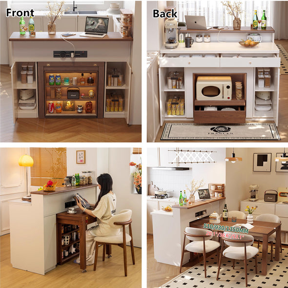Space-Saving Extendable Kitchen Island Table with Large Storage Cabinet