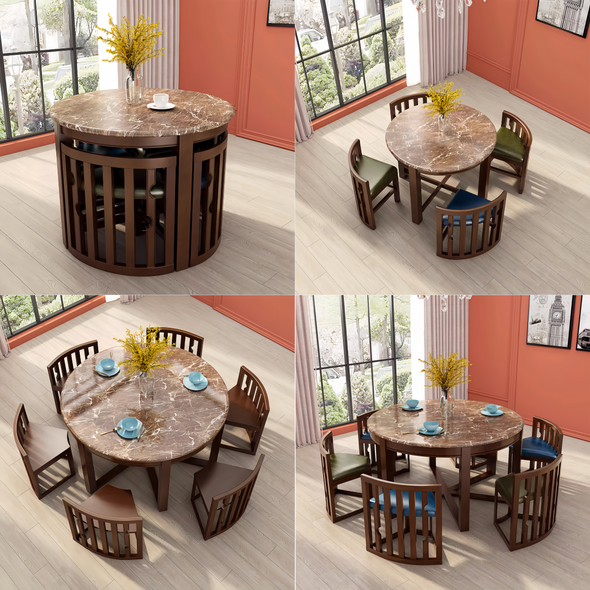 Space-Saving Solid Wood Round Dining Table Set with Tuck-In Chairs ...