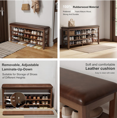 Adjustable Solid Wood Shoe Storage Bench with Soft PU Cushion