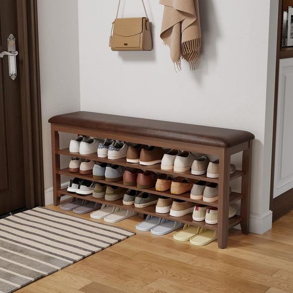 Adjustable Solid Wood Shoe Storage Bench with Soft PU Cushion