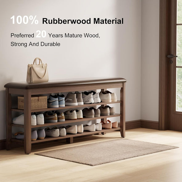 Adjustable Solid Wood Shoe Storage Bench with Soft PU Cushion
