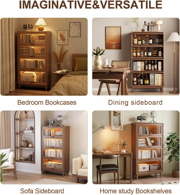 Solid Wood  Bookcase with Tempered Glass Flip-Up Doors