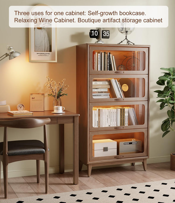 Solid Wood  Bookcase with Tempered Glass Flip-Up Doors