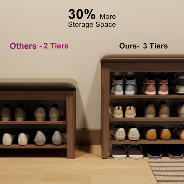 Adjustable Solid Wood Shoe Storage Bench with Soft PU Cushion
