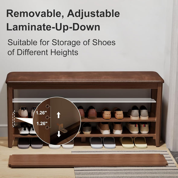 Adjustable Solid Wood Shoe Storage Bench with Soft PU Cushion