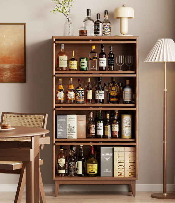 Solid Wood  Bookcase with Tempered Glass Flip-Up Doors