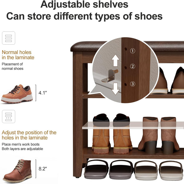 Adjustable Solid Wood Shoe Storage Bench with Soft PU Cushion