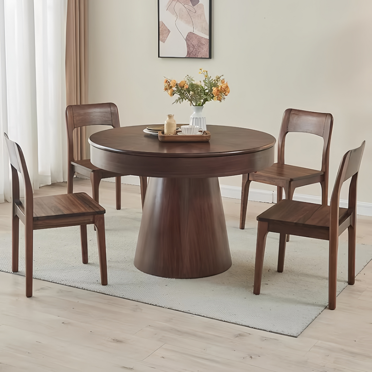 Solid Wood Round Dining Table with Rotating Expandable Hidden Extensio ...