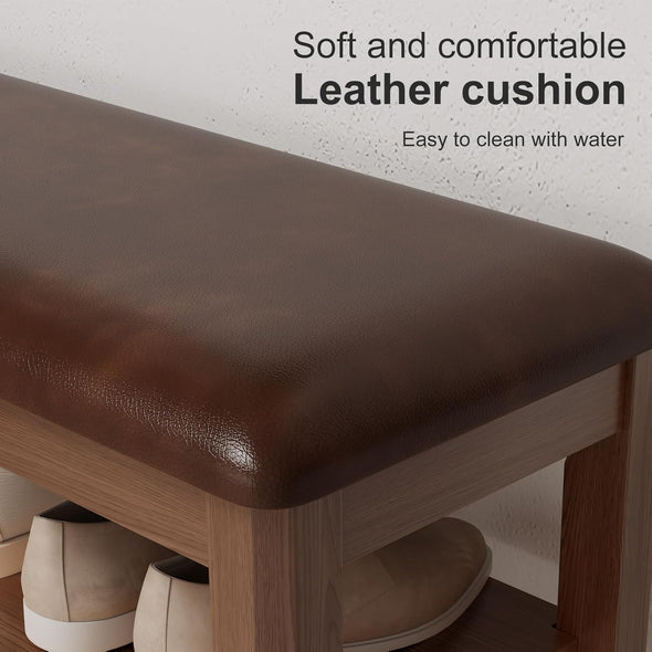 Adjustable Solid Wood Shoe Storage Bench with Soft PU Cushion