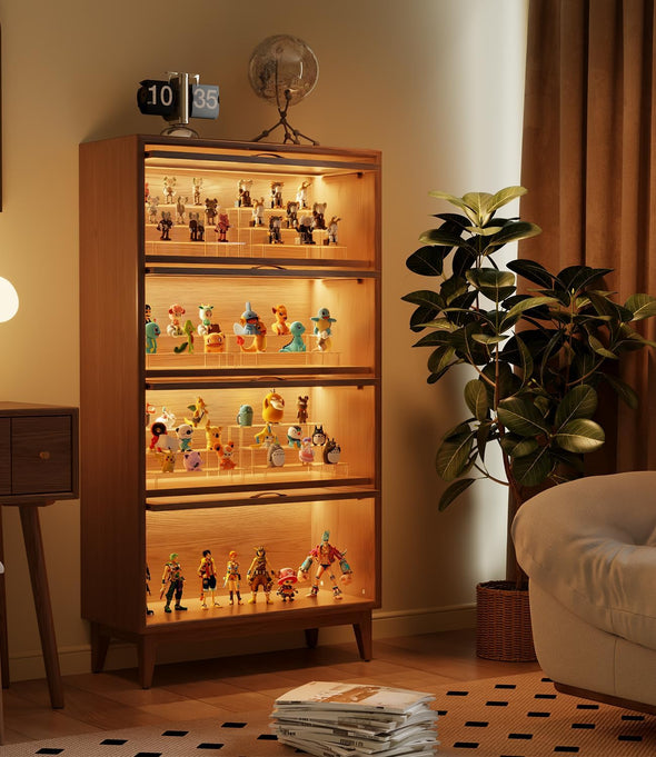 Solid Wood  Bookcase with Tempered Glass Flip-Up Doors