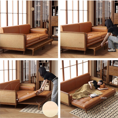 Leathaire Sofa Bed With Rattan Weaving Wooden Frame