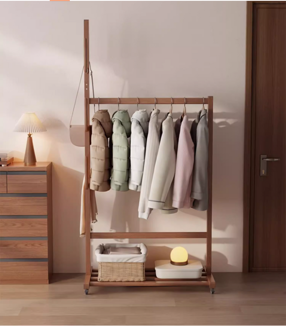 Solid Wood Cactus Coat Rack with Basket and Universal Wheels