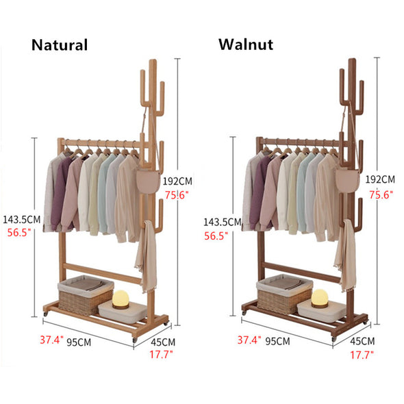 Solid Wood Cactus Coat Rack with Basket and Universal Wheels