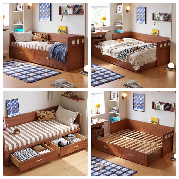 Solid Wood POLKA Pull Out Sofa Bed with Underneath Storage Drawers