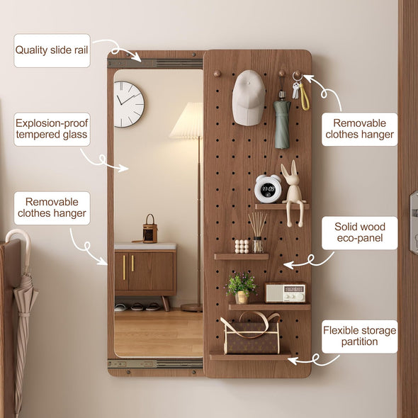 Wall Mounted Full Body Mirror with Peg Board Organizer