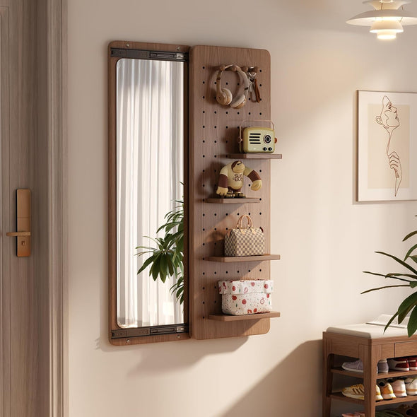 Wall Mounted Full Body Mirror with Peg Board Organizer