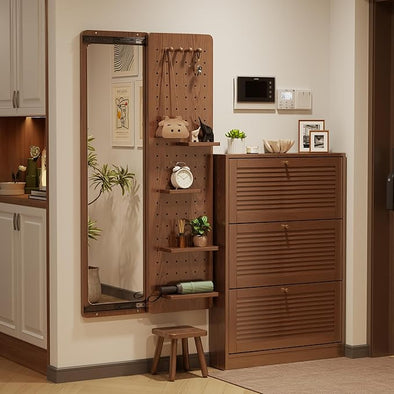 Wall Mounted Full Body Mirror with Peg Board Organizer