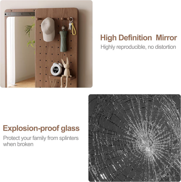 Wall Mounted Full Body Mirror with Peg Board Organizer