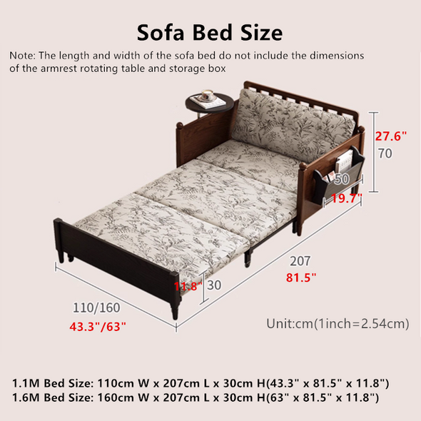 MARKSI Printed Fabric Sofa Bed with Rotating Armrest Table and Portable Storage Box