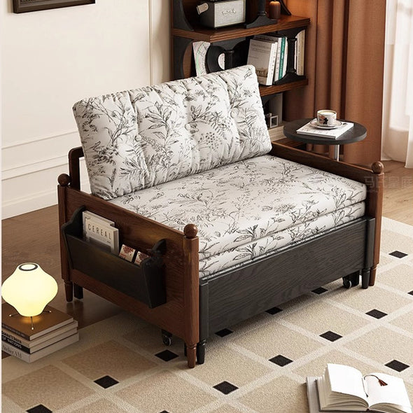 MARKSI Printed Fabric Sofa Bed with Rotating Armrest Table and Portable Storage Box