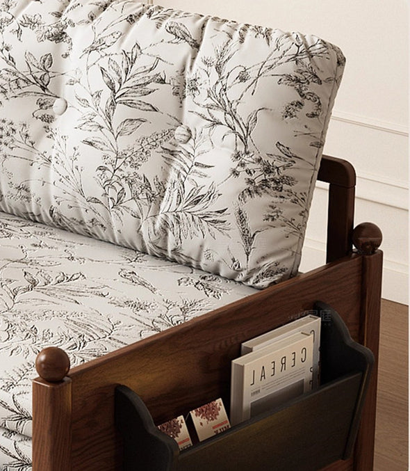 MARKSI Printed Fabric Sofa Bed with Rotating Armrest Table and Portable Storage Box