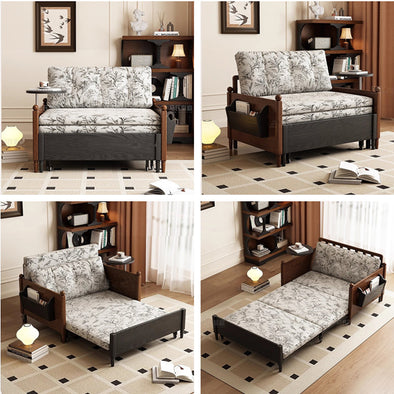 MARKSI Printed Fabric Sofa Bed with Rotating Armrest Table and Portable Storage Box