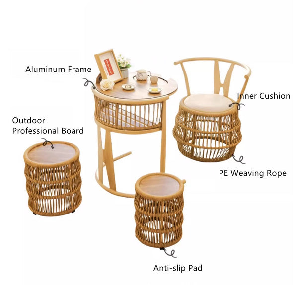 Space Saving Aluminium Frame PE Braided Rope Table Stackable Chairs for Porch Backyard Balcony Garden