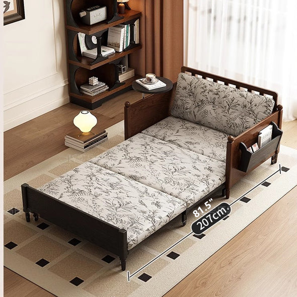 MARKSI Printed Fabric Sofa Bed with Rotating Armrest Table and Portable Storage Box