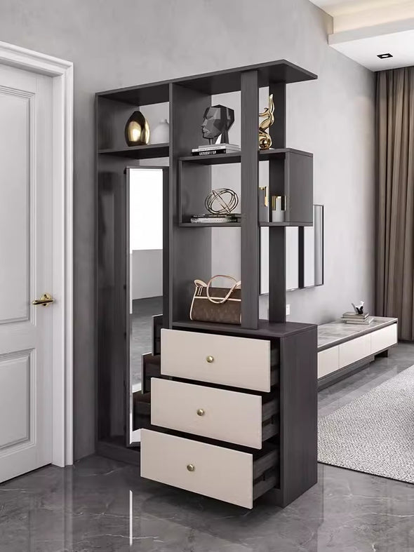 Multifunction Entryway Hall Tree With Rotating Full Length Mirror  and Storage Drawers