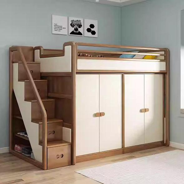 Solid Ash Wood Loft Bed with Underneath Wardrobe