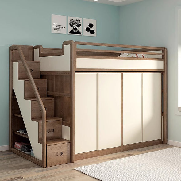 Solid Ash Wood Loft Bed with Underneath Wardrobe