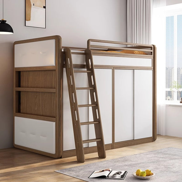 Solid Ash Wood Loft Bed with Underneath Wardrobe