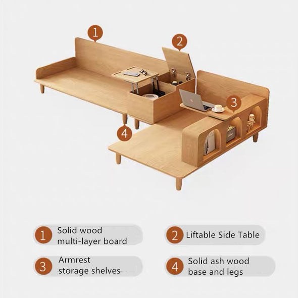 Japandi Solid Wood Sofa With Rotating Armrest Tray and Liftable End Table