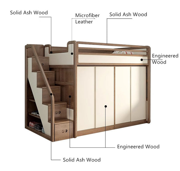 Solid Ash Wood Loft Bed with Underneath Wardrobe