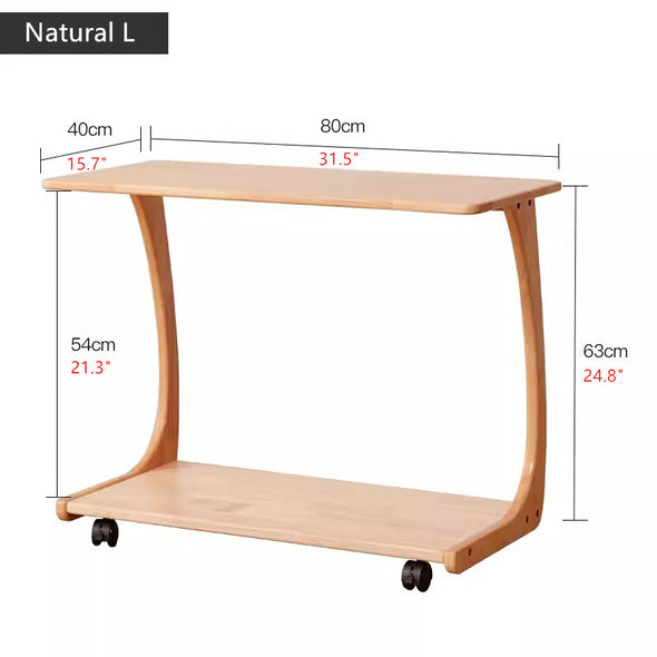Solid Wood C-Shaped End Table with Rolling Wheels