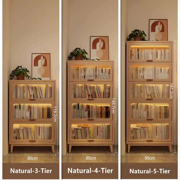 Solid Wood  Bookcase with Tempered Glass Flip-Up Doors