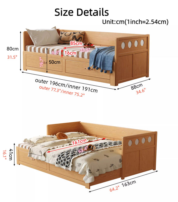 Solid Wood POLKA Pull Out Sofa Bed with Underneath Storage Drawers
