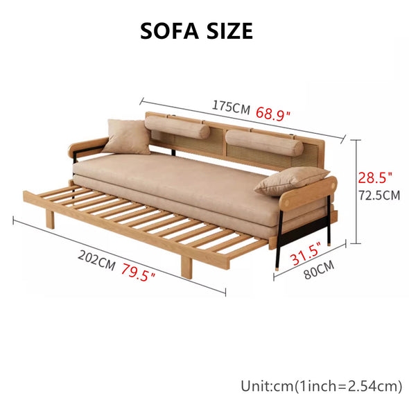 Japandi Solid Wood Minimalism Rattan Back Support Sofa Bed