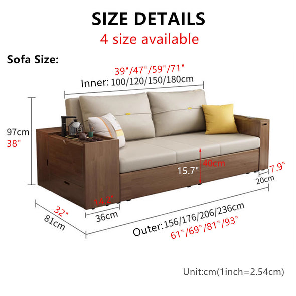 Multifunction Sofa Bed with Gongfu Tea Table Armrest and Underneath Storage