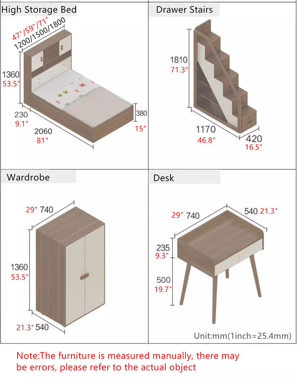 Solid Ash Wood Loft Bed with High Storage Bed Wardrobe and Drawer Stairs  and Desk Combination