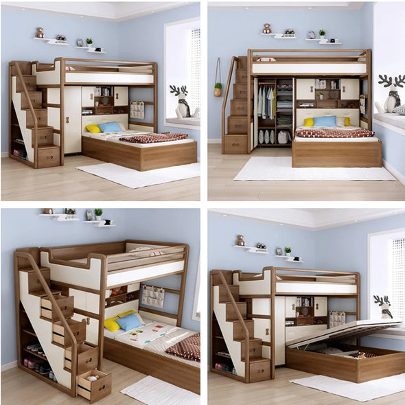 Solid Ash Wood Loft Bed with High Storage Bed Wardrobe and Drawer Stairs  and Desk Combination