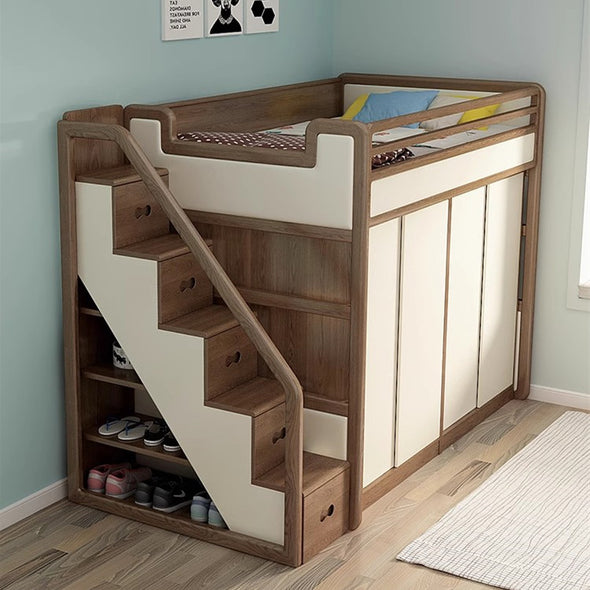 Solid Ash Wood Loft Bed with Underneath Wardrobe