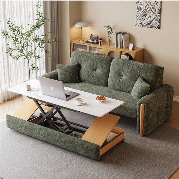 3-In-1 Chenille Fabric Sofa Bed with Electric Lifting Coffee Table