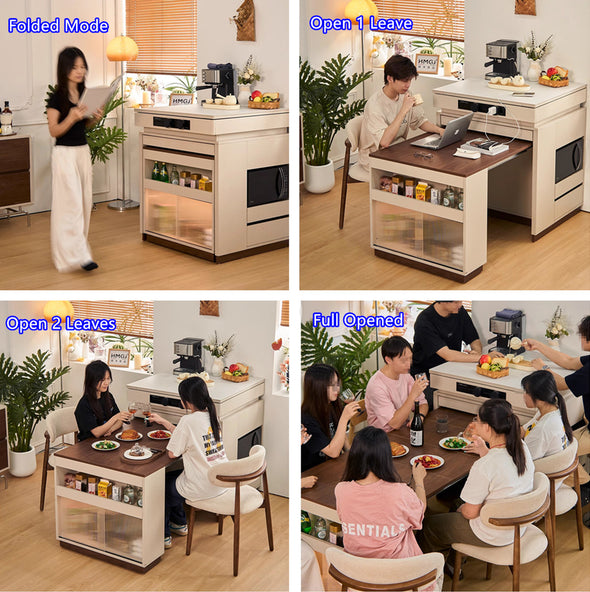 Multifunctional Extendable Kitchen Island Table with Sliding Countertop and  Ample Storage Cabinet