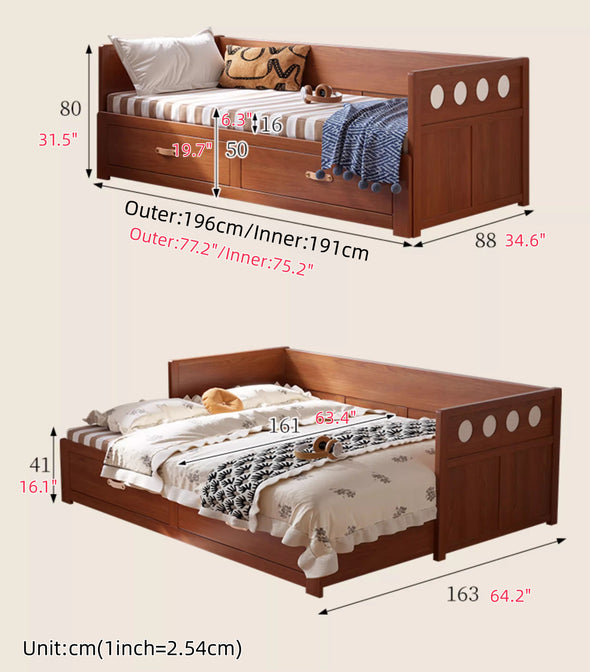 Solid Wood POLKA Pull Out Sofa Bed with Underneath Storage Drawers