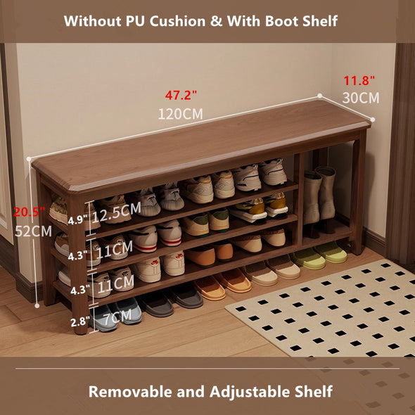 Adjustable Solid Wood Shoe Storage Bench with Soft PU Cushion