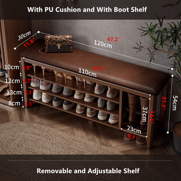 Adjustable Solid Wood Shoe Storage Bench with Soft PU Cushion