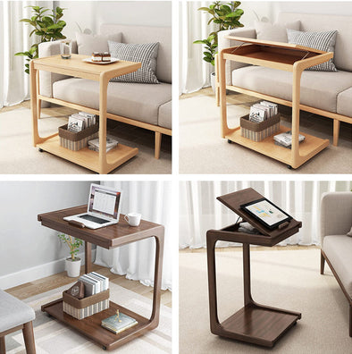 Solid Wood C-Shape Adjustable Flip End Table with Lockable Wheels