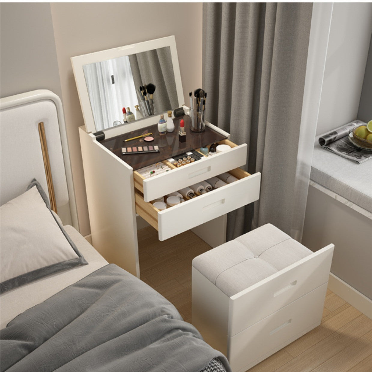Amer Solid Sheesham Wood Dressing Table With Storage Stool (Walnut Fin –  eBansal Furniture